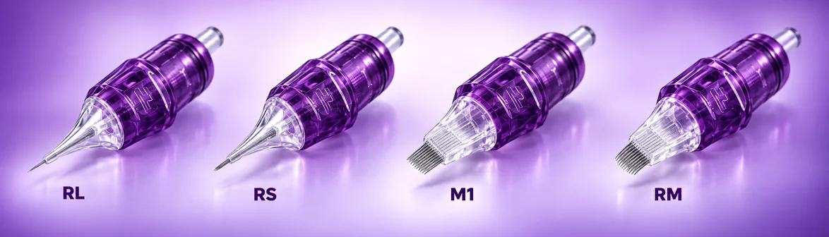انواع سوزن تتو با مقایسه شکل واقعی کارتریج‌های RL، RS، M1 و RM