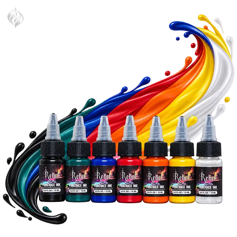 ست رنگ تمرینی ربل Rebel Practice Ink با 7 بطری مشکی، سبز، آبی، قرمز، نارنجی، زرد و سفید و برچسب 15 ml